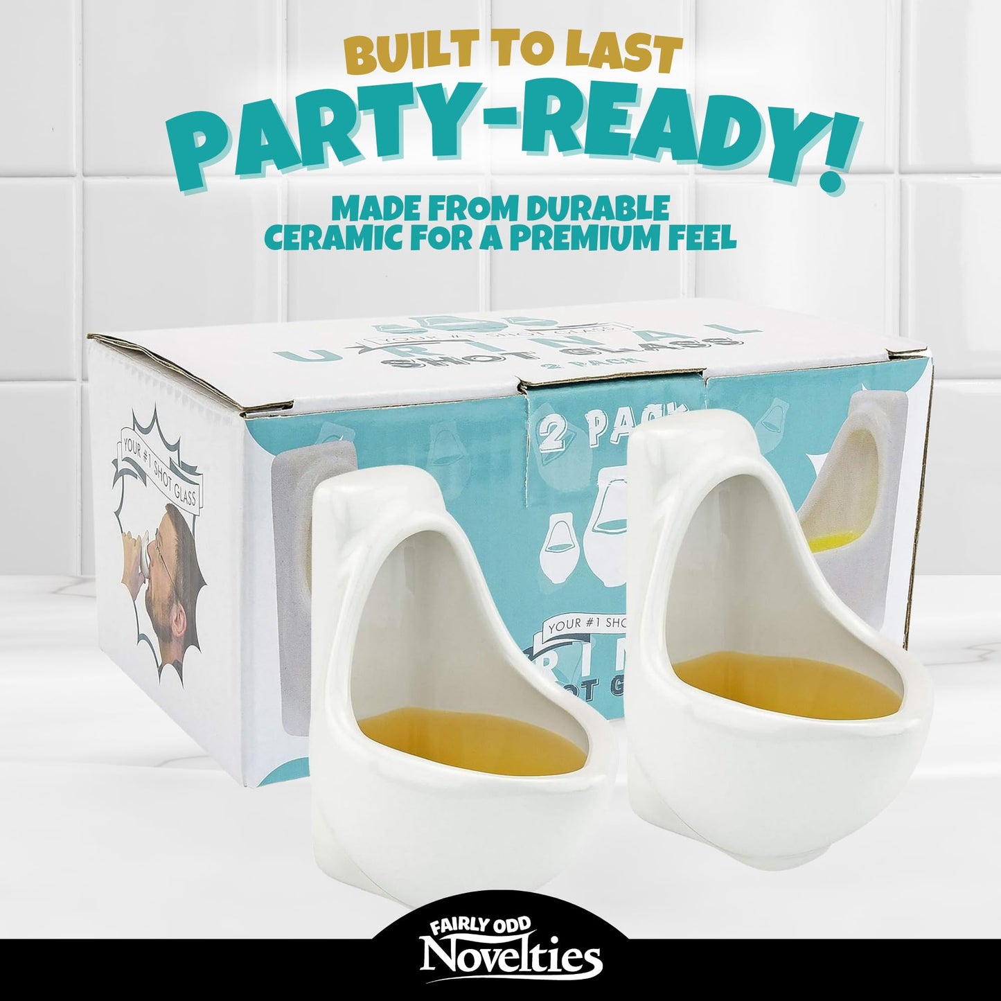 Fairly Odd Novelties Ceramic Urinal Shot Glasses, Set of 2, 1.5oz - Perfect Gag, White Elephant, Novelty Party Gift