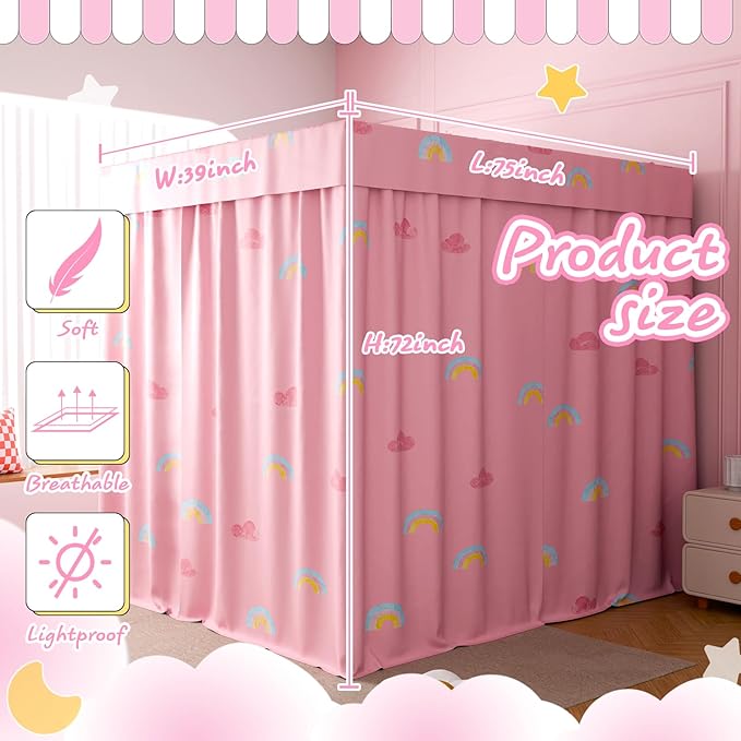 Hvqic Pink Canopy Bed Curtains - 4 Corner Post Bed Curtains Lightproof Princess Bed Canopy for Girls Rainbow Canopy Bed Curtains for Kids Room Decor(Twin,Pink-Cloud)