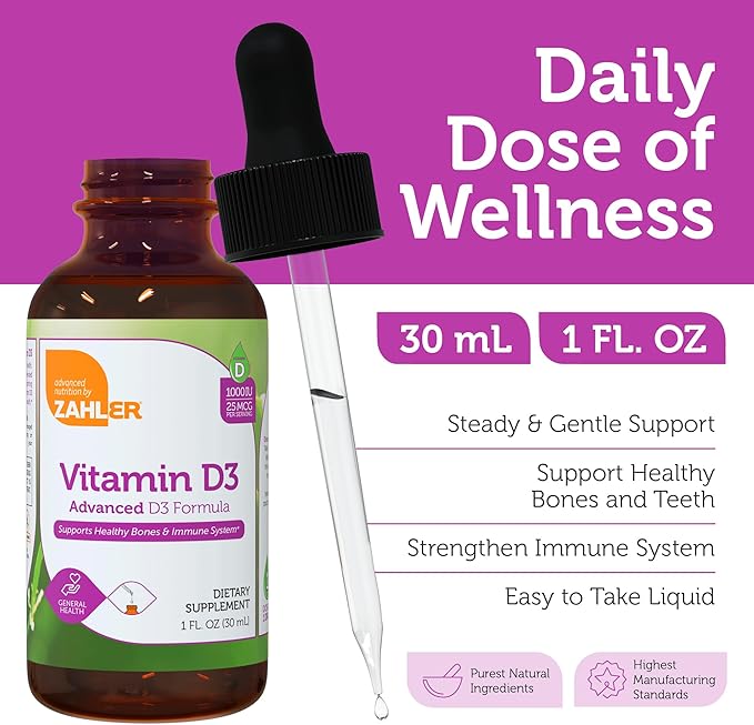 Zahler Liquid Vitamin D3 1000 IU Adult Supplement for Women & Men Vegetarian Kosher Non-GMO Gluten Free Vitamin D3 Drops (1 fl oz)