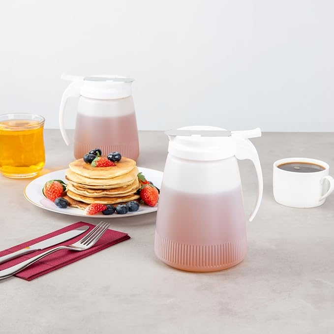 Restaurantware-Chef 101 48 Ounce All Purpose Syrup Dispensers, 10 Honey Dispensers - White Top, Stainless Steel Slide Cover, Plastic Pancake Syrup Bottle, Perfect For Diners, Restaurants, Home