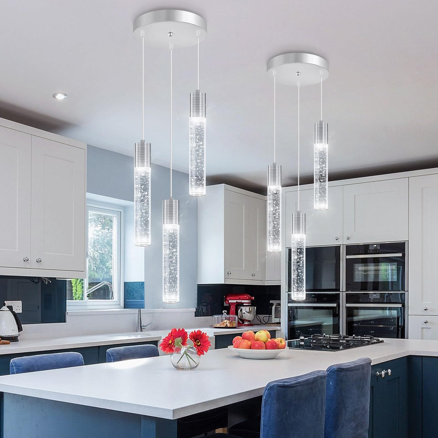 Dolria 3-Lights Pendants Light For Kitchen Island Chandeliers Dining Room Pendant Lighting Fixture Bubble Crystal Ceiling Hanging Lights Bedroom Island Kitchen 6000K White Light Fixtures Chrome