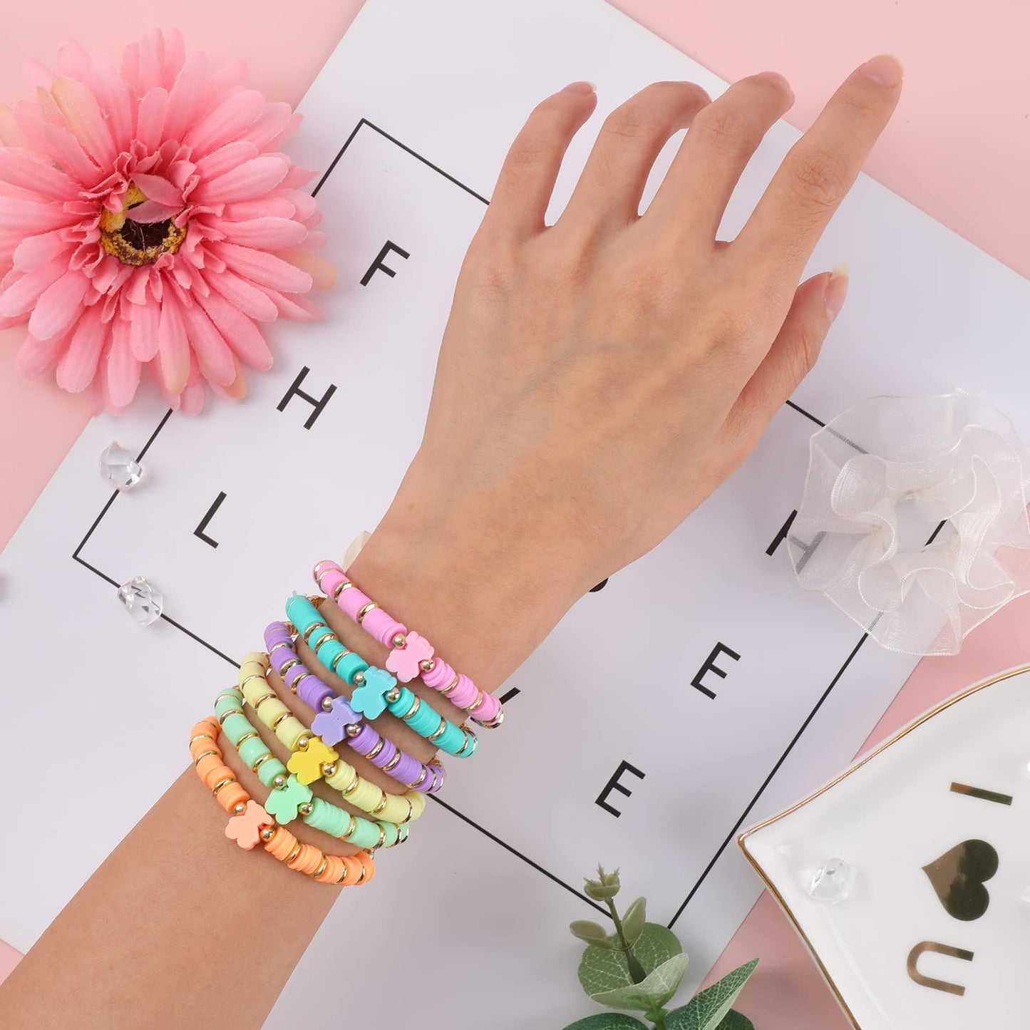 Candy Color Beaded Bracelets for Women - Cute Stackable Clay Bear Friendship Bracelet Set - Colorful Elastic Heishi Surfer Prepp