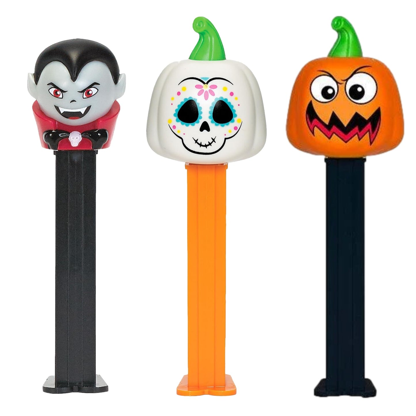 PEZ Halloween Candy Dispensers Set - Vampire, Scary Pumpkin, and Day Of The Dead Pumpkin Haloween PEZ Dispensers With Extra Cand
