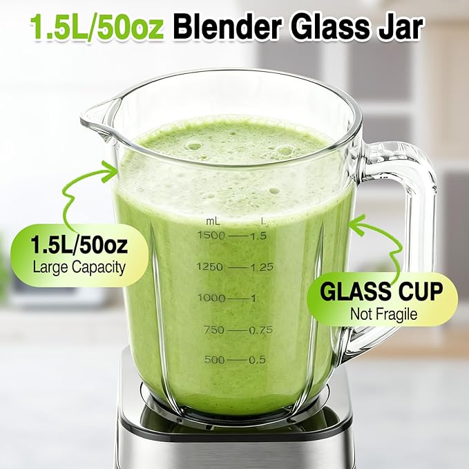 OMMO Blender, Professional Smoothie Blender with 4 Stainless Steel Blades, 50oz Glass Blenders for Kitchen with 2 Speed&Pulse, Dishwasher Safe for Ice Crush, Smoothies, Nuts, Frozen Drinks and Fruits