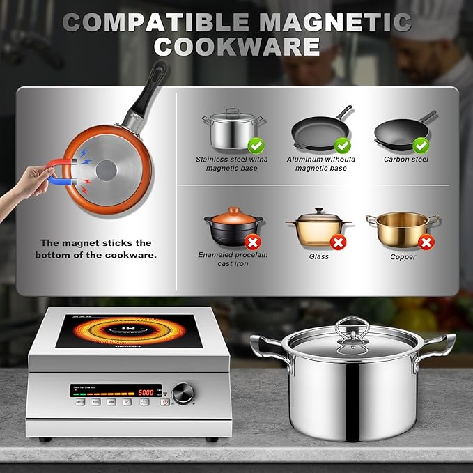 5000W 240V Commercial Induction Cooktop, High Power Induction Electric Stove, Countertop Burner with Press/Knob Controller, LED Strip Display (with 2p Miniature circuit breaker, No Plug)