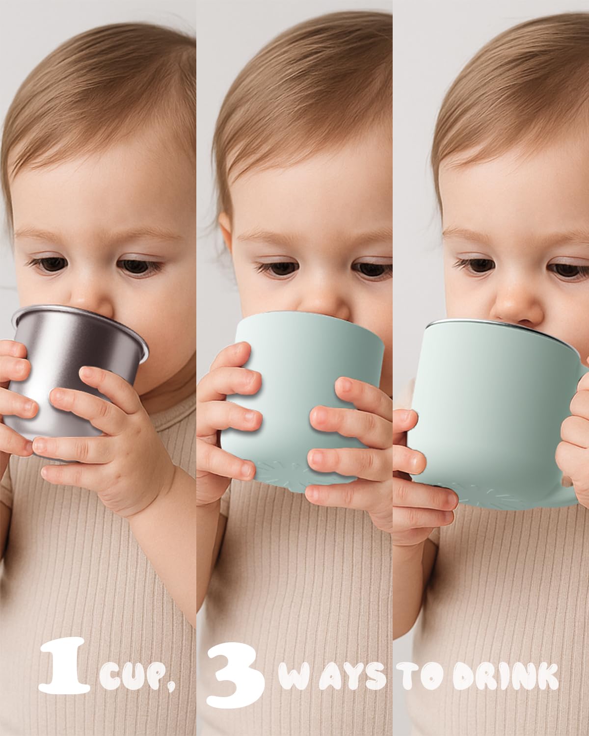 Bakpoco 2-IN-1 Open Toddler Cups, Stainless Steel Baby Cup + Silicone Training Cup for Toddlers Kids Babys, No Plastic | No Soap Smell | Shock-Proof Feeding Essentials, 2-Pack Blue/Sage