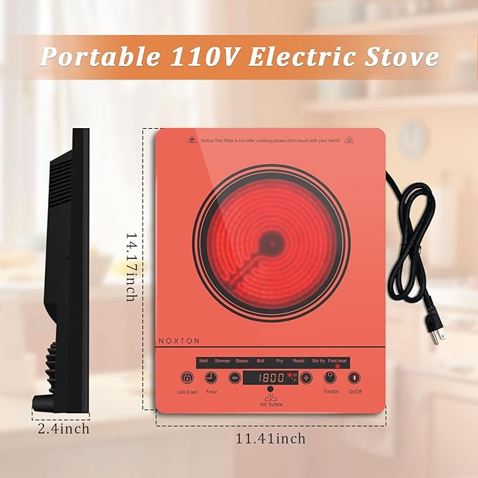 Noxton Portable Electric Stove 110V, 1800W Single Burner Electric Cooktop, Countertop Burner Electri Hot Plate, 4 Hour Timer, 9 Power Level, Child Safety Lock, Compatible with All Cookware(Red)