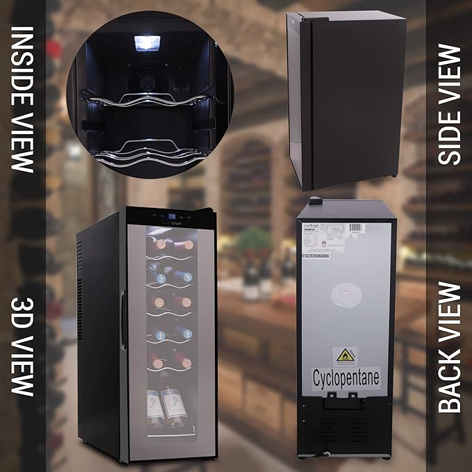 Nutrichef 12 Bottle Stainless Steel Slim Wine Fridge | Red & White Wine Chiller | Adjustable Temperature Control, Ultra Quiet Operation & Energy Efficient | Mini Wine Cooler Refrigerator 31x10x17 IN