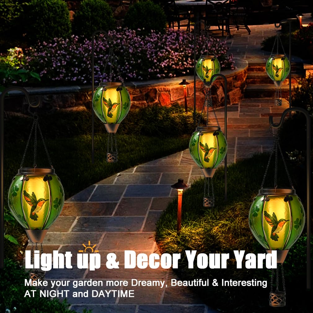 St Patricks Hot Air Balloon Solar Lantern - PatrickS Shamrock Glass Lantern  Simulated Flickering & Dancing Flame  Outdoor Hummingbird Hanging Yard Light For Patio Porch Decor Irish Clover Gift
