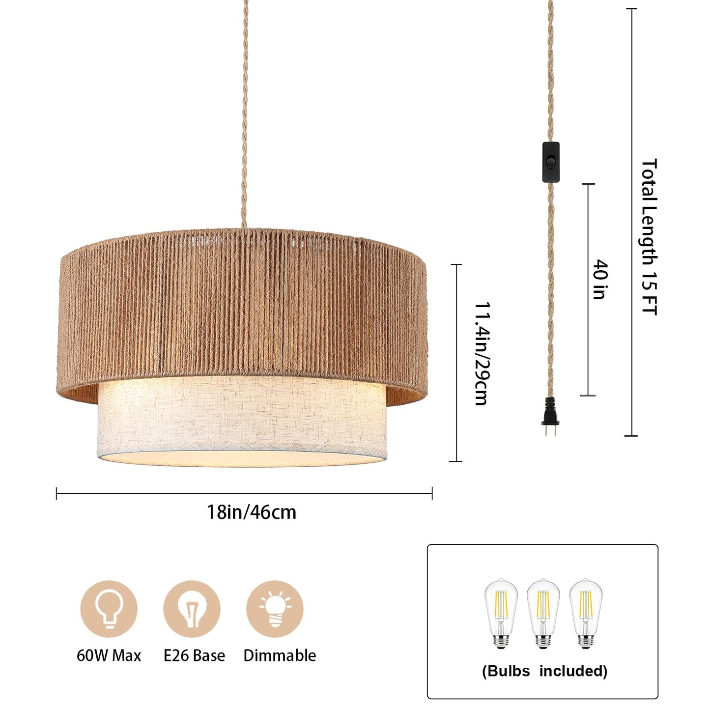 Kirahee Plug in Pendant Light, 18in Rattan Chandelier with Fabric Shade, E26 On/Off Switch, 3-light for Dining Room, Living Room, Kitchen