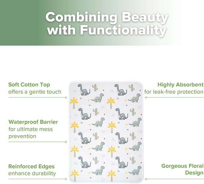 haakaa Waterproof Changing Pad Liners, 100% Cotton, Soft & Breathable (1pc, 19.5" x 27.5" Dino Land)