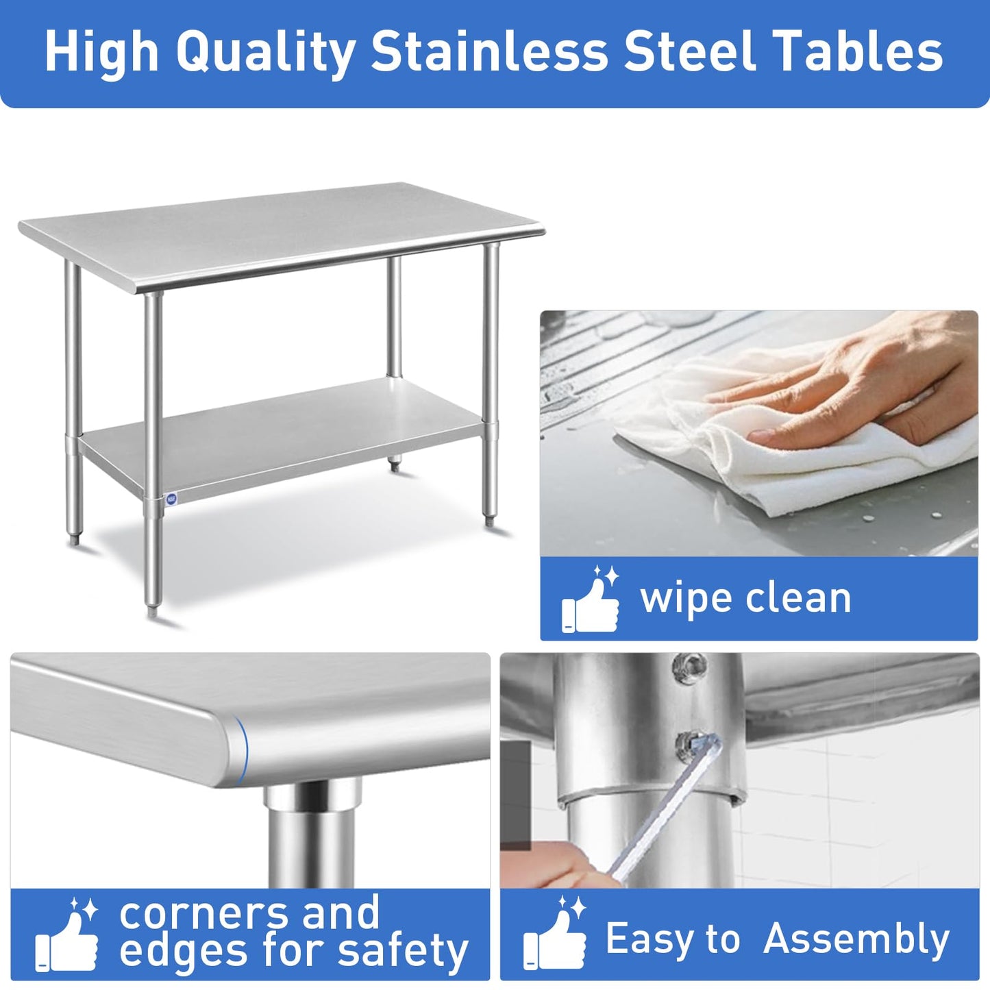 ROCKPOINT Stainless Steel Table for Prep & Work 30x36 Inches, NSF Metal Commercial Kitchen Heavy Duty Table with Adjustable Under Shelf and Table Foot for Restaurant, Home and Hotel