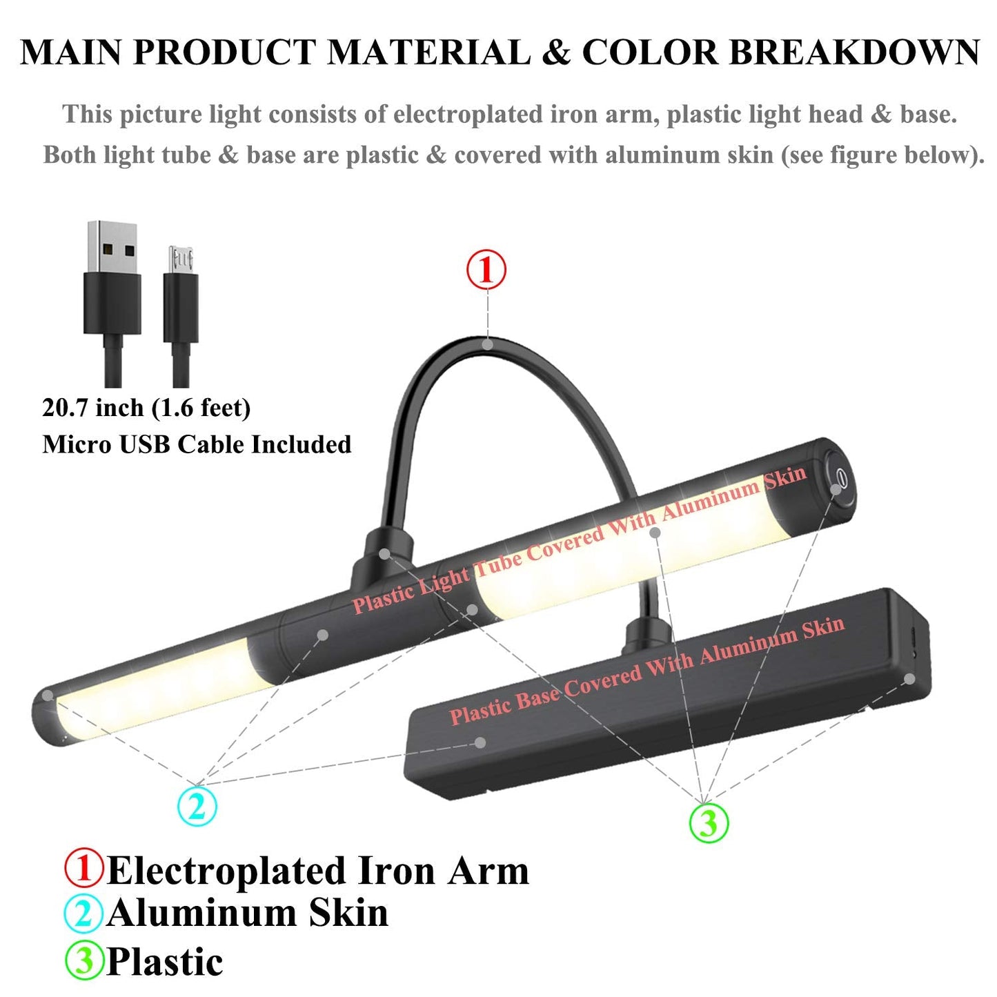 Bigmonat Rechargeable Picture Light, 13 Dimmable Wireless Art Lamp, Black, Model B603-Black, Battery Operated With Remote