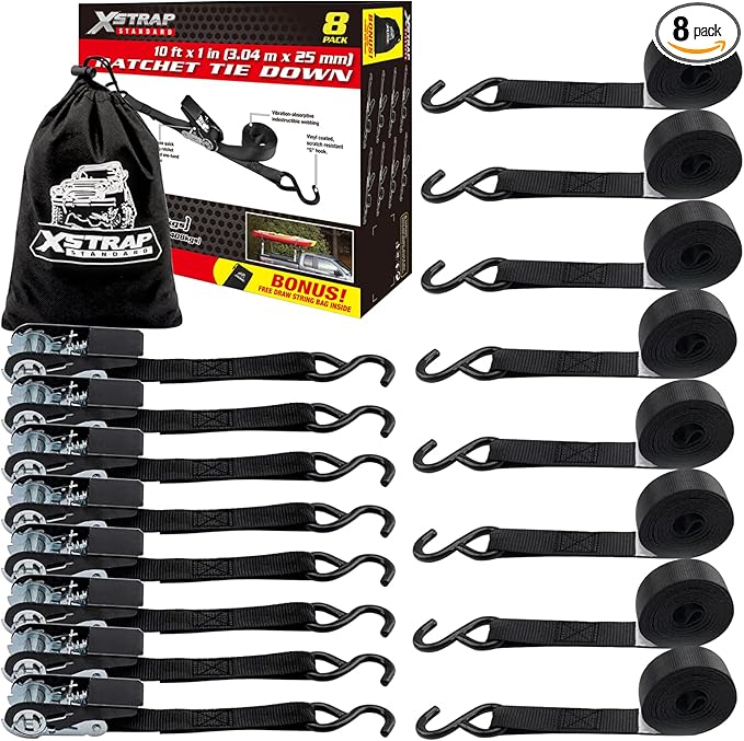 XSTRAP STANDARD Ratchet Straps, 900 LB Break Strength, 8-Pack 10FT Ratchet Tie Down Straps Set for Motorcycle Straps Tie D...