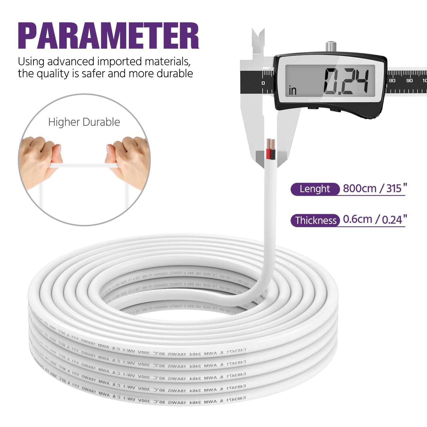 EMITEVER Wall Cable LED Lighting, 18 Gauge Copper Wire, 26 Foot, White