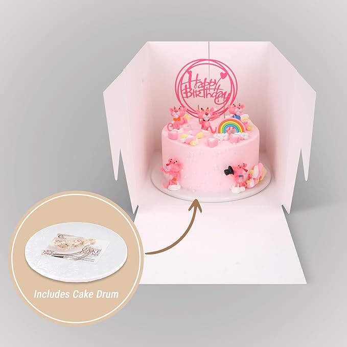 Cakebon Cake Boxes with Boards - 12 Inch Round Cake Drum Black - Box With Window for Birthdays, Weddings and Parties (1pc Each, 2pcs Total)