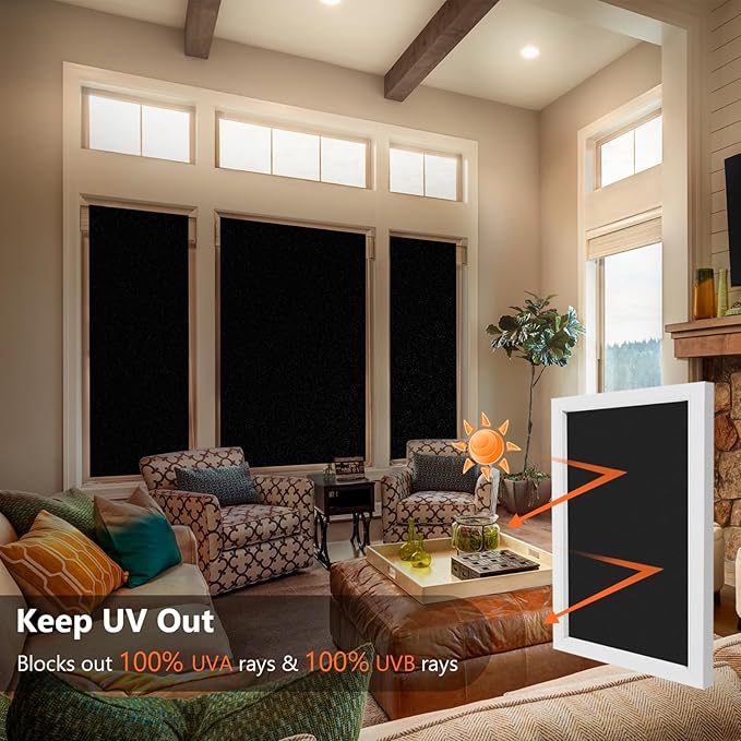 Kromapolis Blackout Window Privacy Film Total Light Blocking Room Darkening Window Covering, Removable Static Cling Frosted Glass Tint, Non-Adhesive, Black 23.6'' x 157.4''