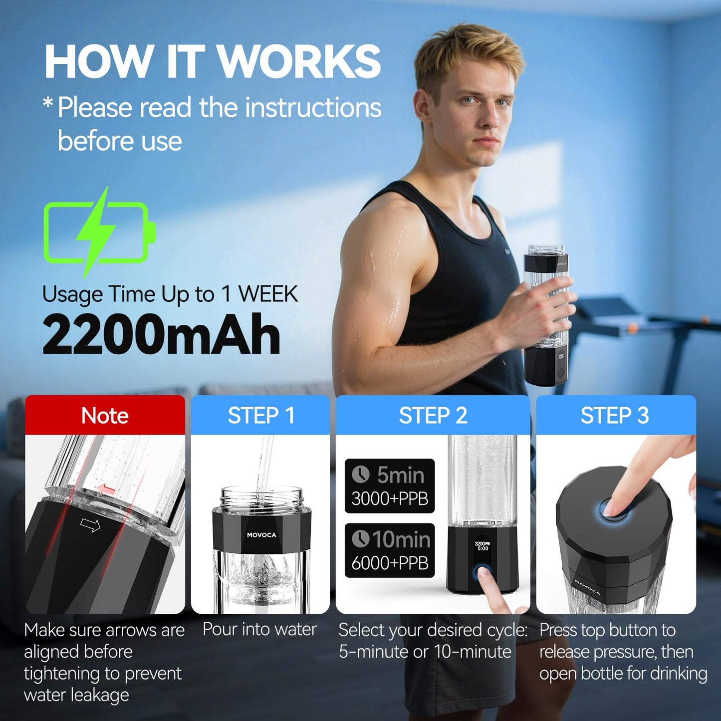 MOVOCA Upgrade Hydrogen Water Bottle, Up to 6400PPB Hydrogen Water Generator -SPE PEM Tech, 7 OZ Food-Grade PC Hydro Water Machine, Gifts for Husband, Wife, Family, Friends, Travel