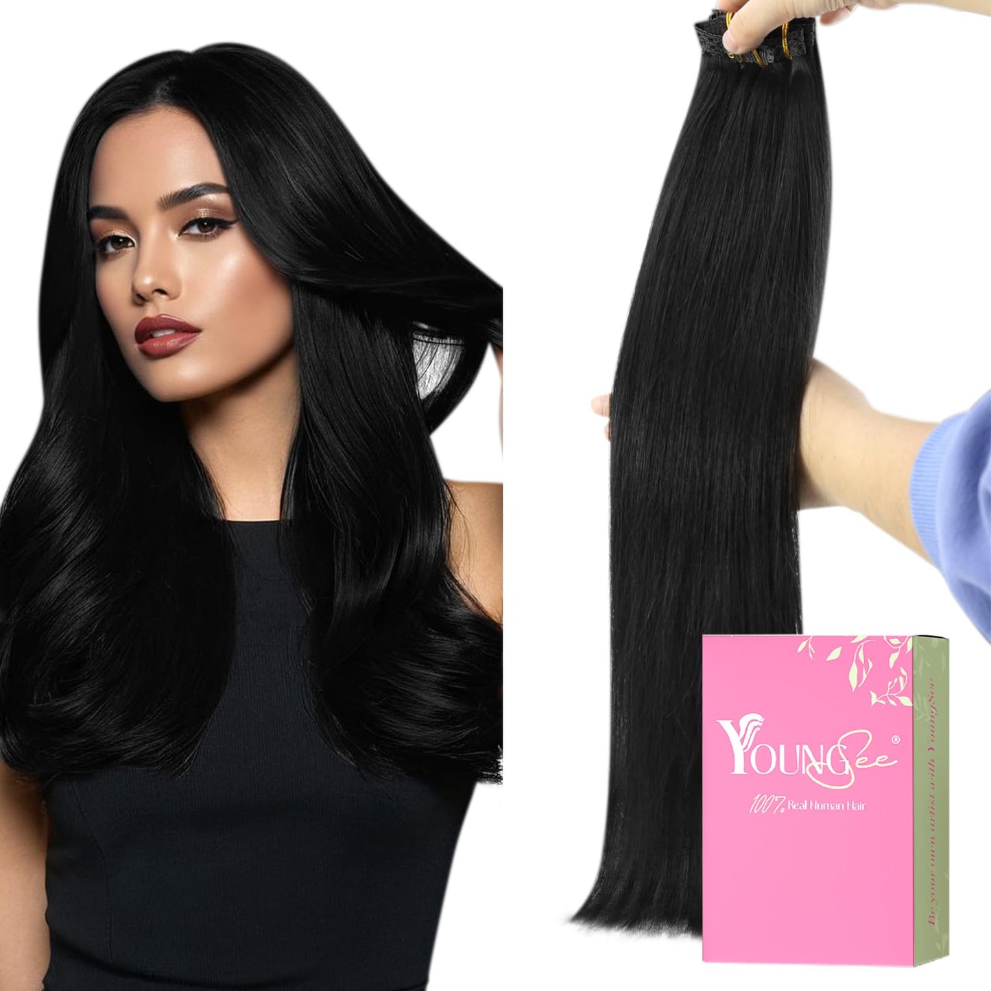 YoungSee 150G Black Clip in Hair Extensions Straight Hair Extensions Clip ins Black Clip on Hair Extensions Jet Black Clip on Ha