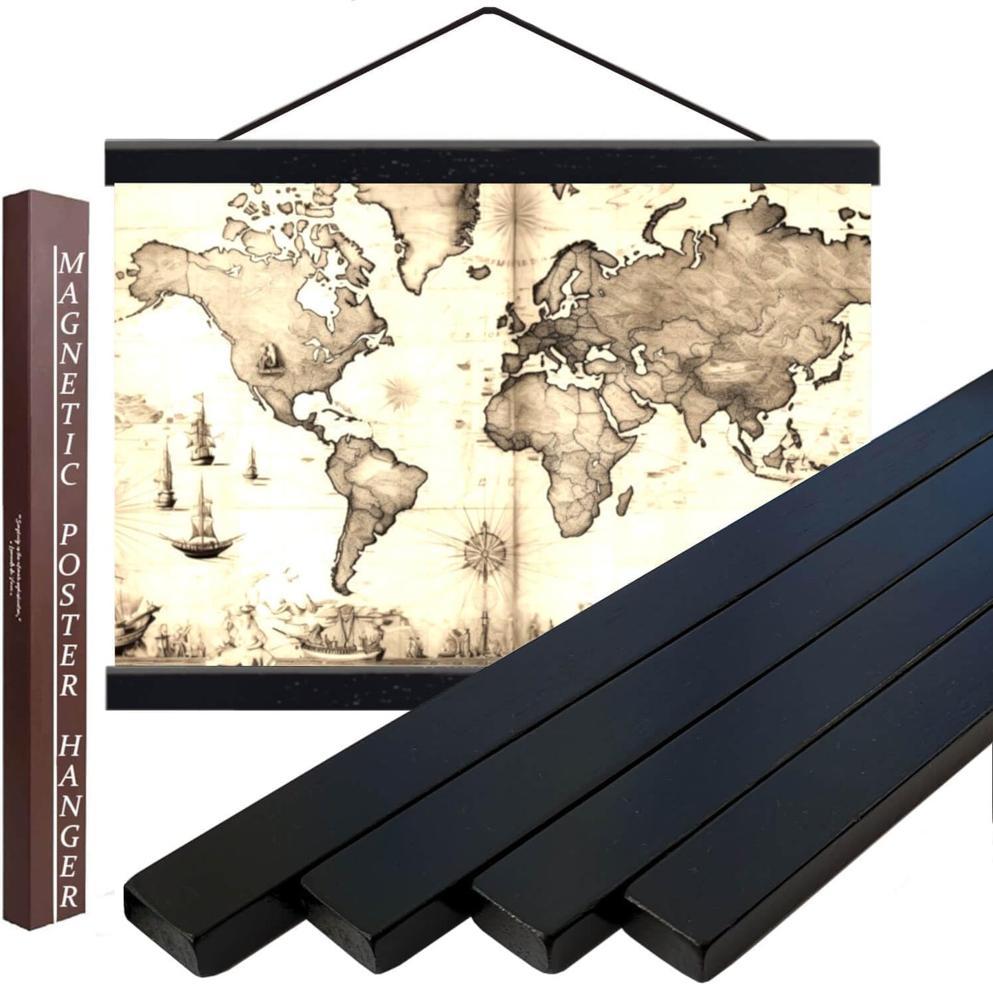 DACRI HOME 44" Magnetic Poster Hanger Frame - Sturdy Teak Wood Poster Frame 44x18 44x24 44x36, Strong Magnets for Easy Hanging Map Picture Print Scroll Wall Art (44 Inch, Black)