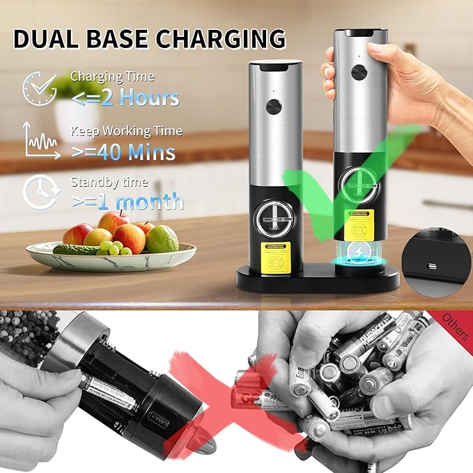 KOMOREBI Rechargeable Electric Salt and Pepper Grinder Set - Automatic Mill with Adjustable Coarseness, LED Light, Salt and Pepper Shakers,Home Kitchen Gifts