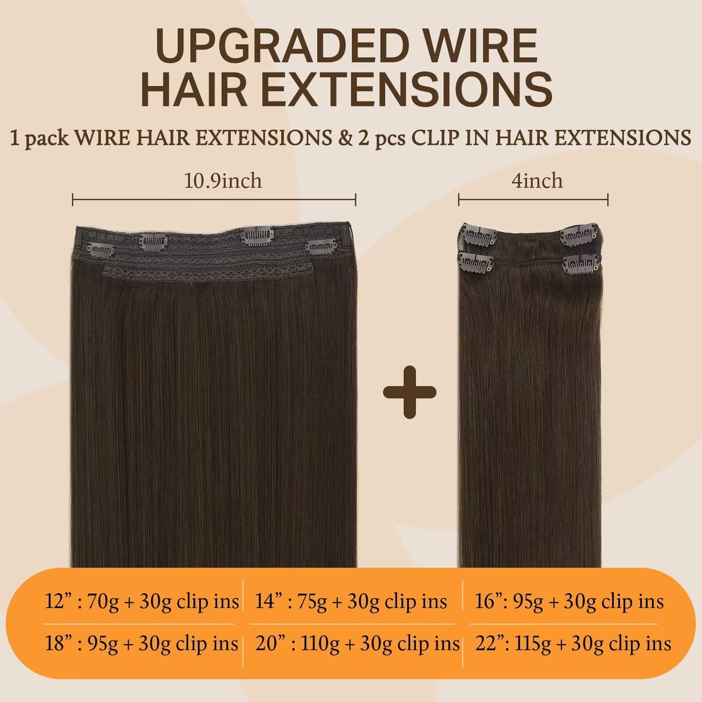 DOORES Wire Hair Extensions, Light Dark Brown 22 Inch 120g Fish Line Weft Extensions and 2pcs 30g Clip ins, 150g Invisible Wire