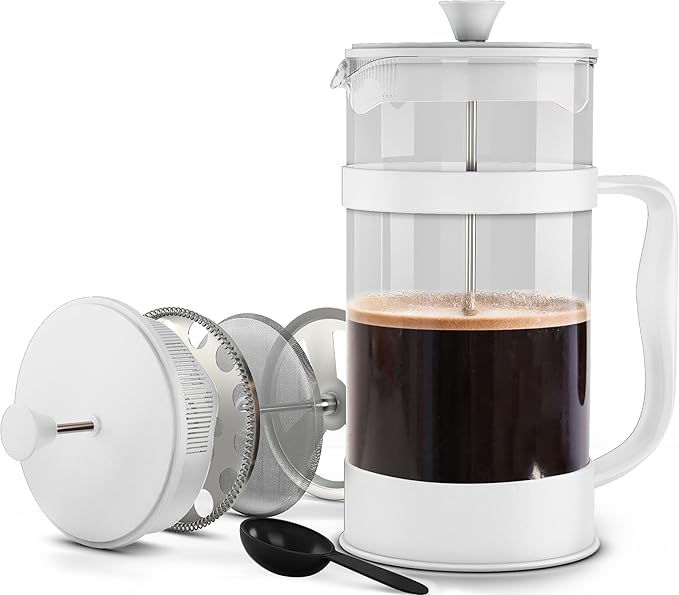 Utopia Kitchen French Press Espresso and Tea Maker with Triple Filters, Stainless Steel Plunger and Heat Resistant Borosilicate Glass (White, 34-oz (Pack of 1))