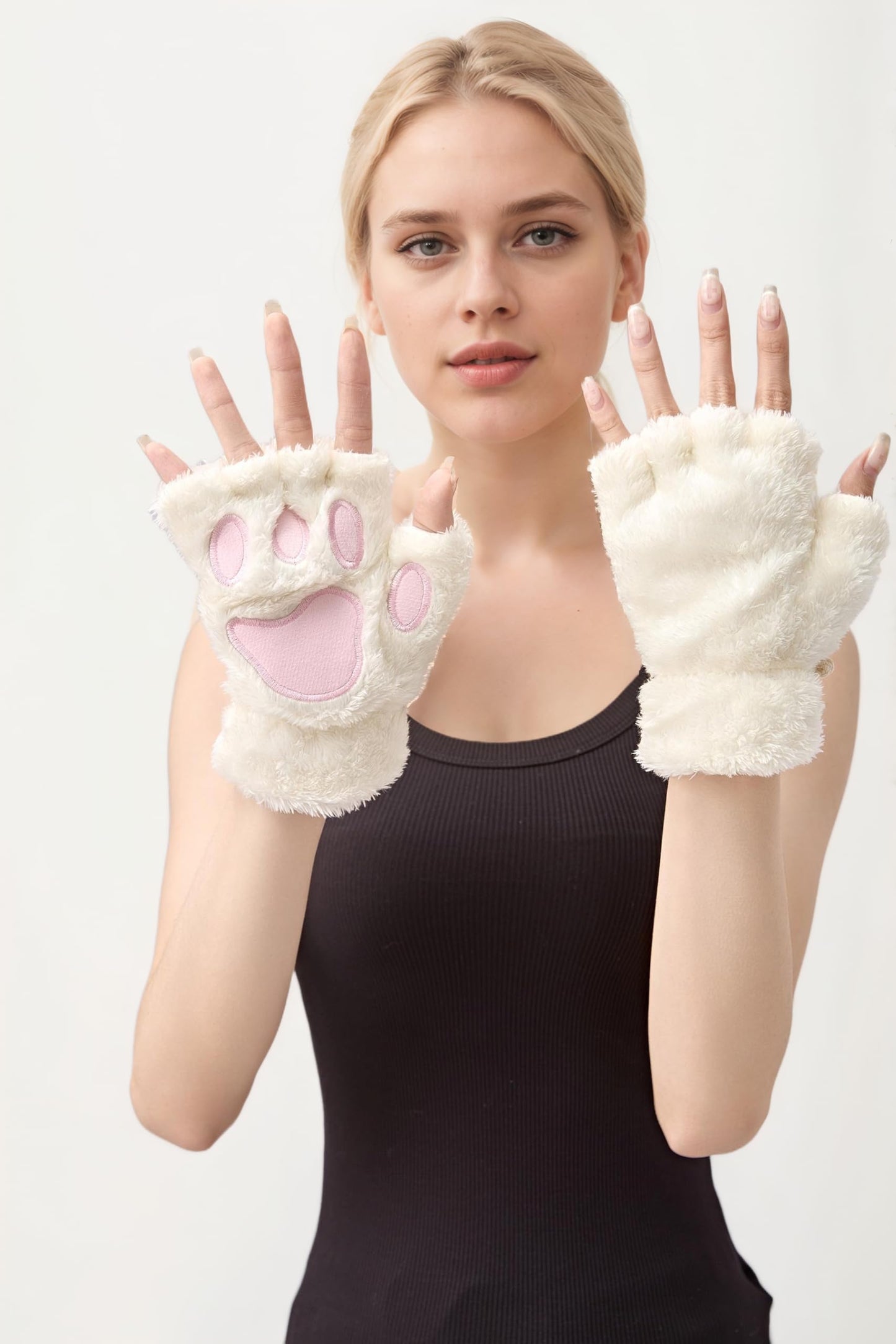 OTPEH 2 Pairs Cat Paw Gloves Fingerless Furry Cat Costume Black And White For Women Costume Accessories