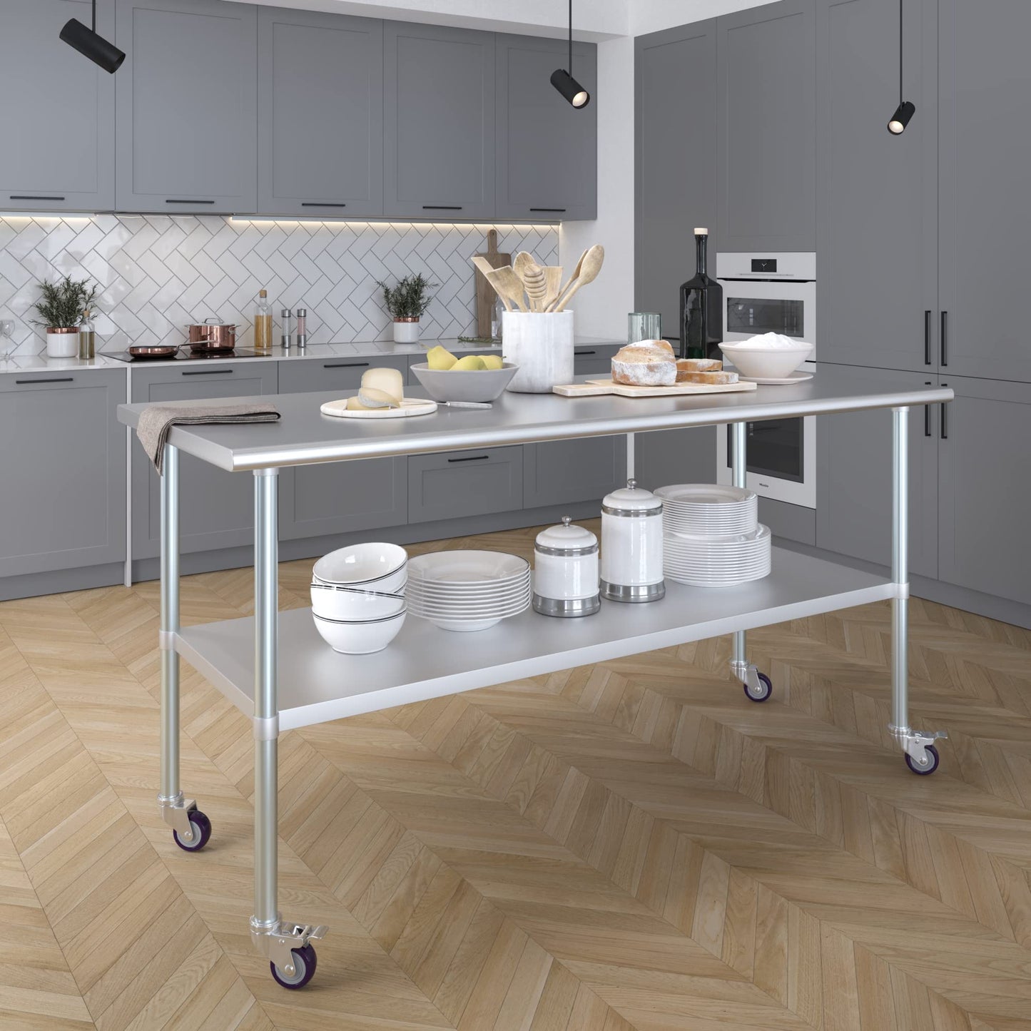 AmGood 30 in. x 72 in. Stainless Steel Work Table with Wheels | Metal Kitchen Food Prep Table | NSF