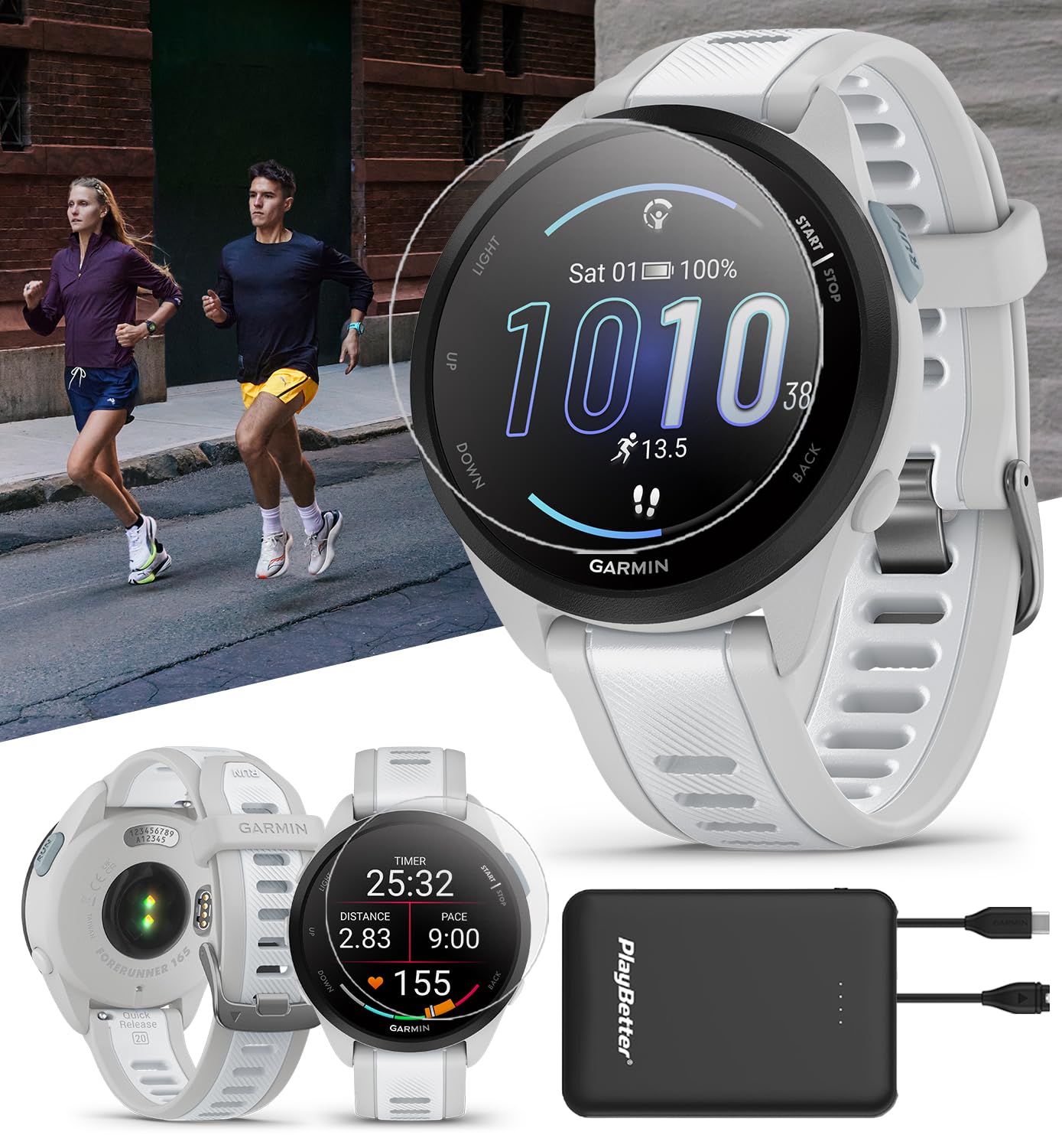 PlayBetter Garmin Forerunner 165 (Mist Gray/Whitestone) Running GPS Smartwatch Bundle - AMOLED Touchscreen, 11-Day Battery, Training & Recovery - Includes Screen Protectors & Portable Charger