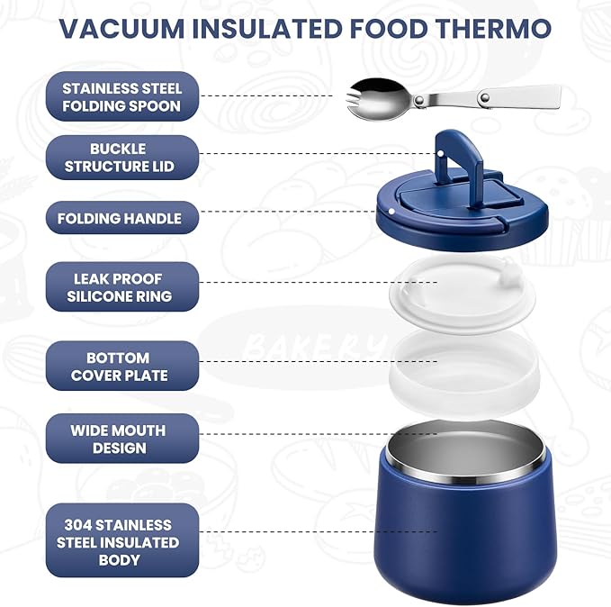 Soup Thermo for Hot Food Kids 14oz Lunch Containers with Buckle Lid Wide Mouth Hot Food Jar Vacuum Insulated Stainless Steel Bento Box Leakproof with Spoon(Blue)
