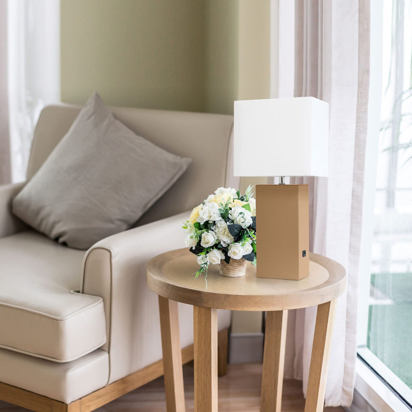 LALIA HOME Bedside Table Lamp with USB Charging Port, 21in, Beige, Model LHT-3012, MDF & Leather Material