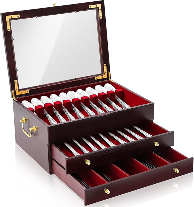 Novabright Wooden Silverware Storage Box with Lid, Christmas Flatware Organizer with Handle Felt Lined,15.3 x 11.4 Large Elegant Silverware Chest Case for Flatware Utensils Home Decor Gift (3 Layer)