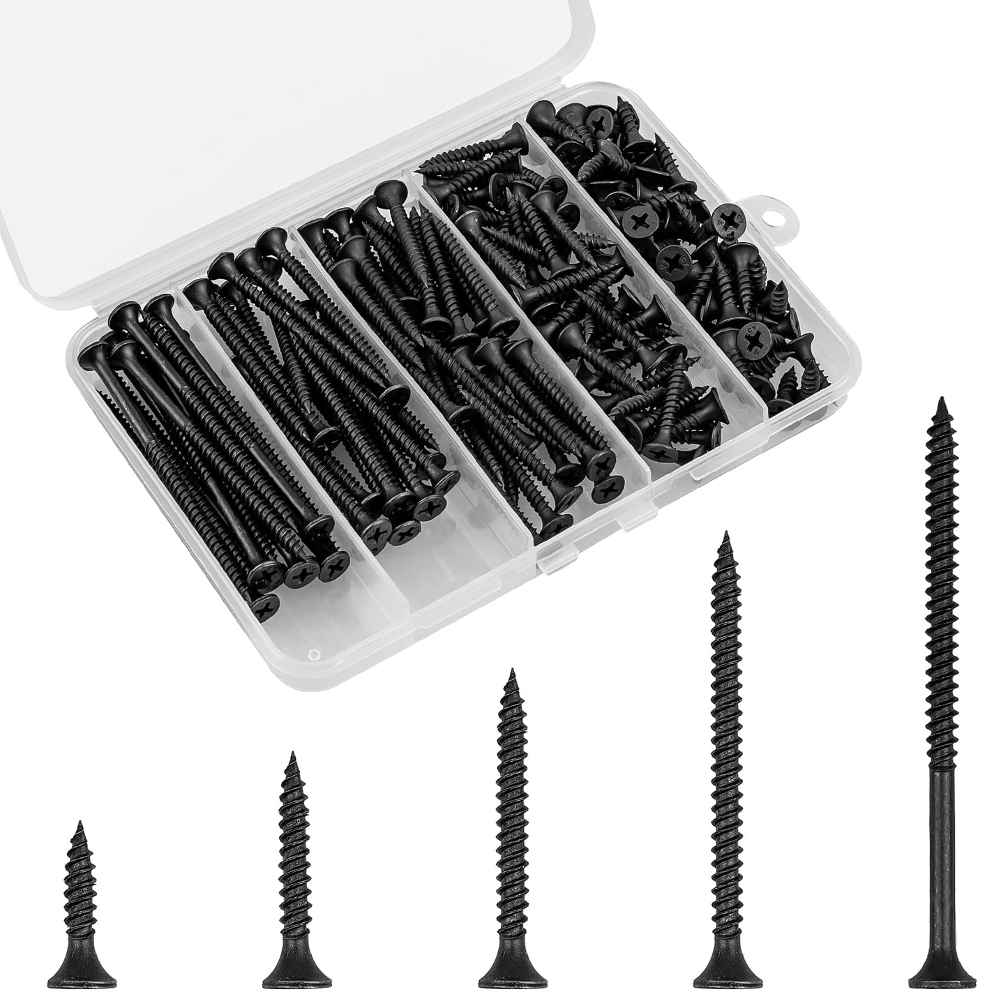 FVOLREM Wood Screws Assortment Kit, 168 PCS, High Hardness Phillips Drive Screws Set, Black Flat Head Wood Screws, Carbon Steel, 5 Sizes, Self-Tapping Screws for Wood, Drywall, Slate