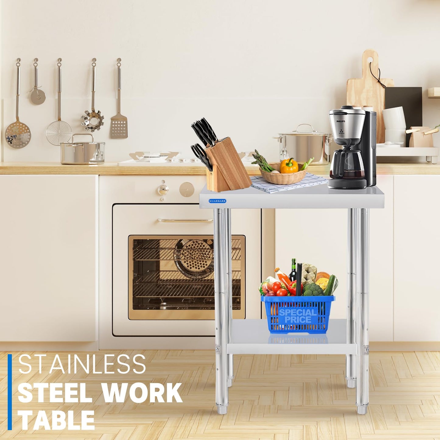KUARBARR Stainless Steel Table for Prep & Work with Undershelf 18 x 24 Inches NSF Metal Commercial Kitchen Prep Table with Adjustable Under Shelf Worktable for Restaurant Home Outdoor