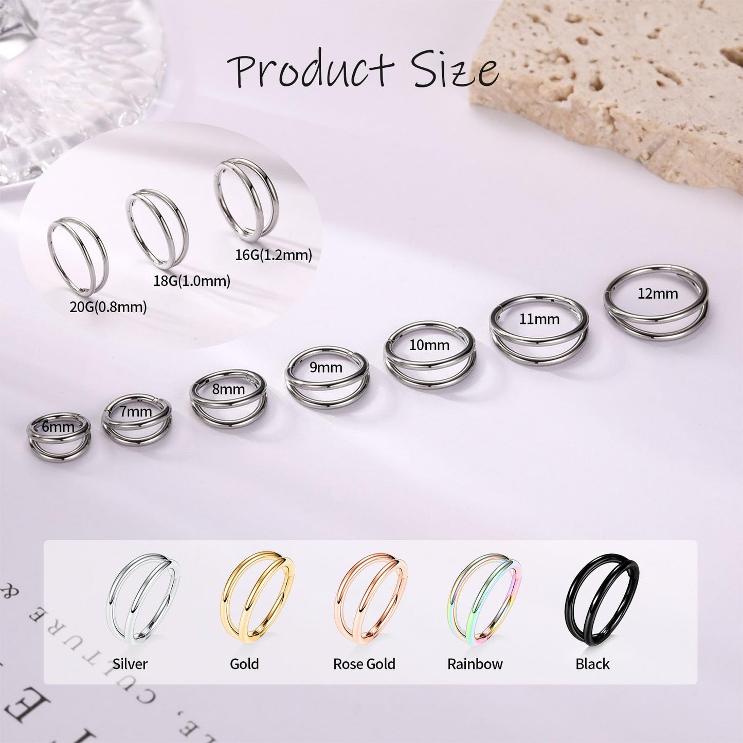 PEAKLINK 18G Double Open Stacked Cartilage Daith Conch Helix Earring Hoop 316L Surgical Steel Septum Nose Rings 8mm Lobe Earring