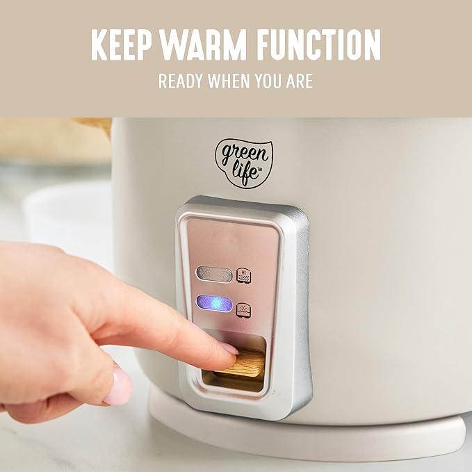 GreenLife Rice Cooker with Removable PFAS-Free Nonstick Pot, 3-Cups Uncooked/6-Cups Cooked, One-Switch Design, Auto Keep Warm Function, Soup, Grains, Oatmeal, Wood Handle, Cream