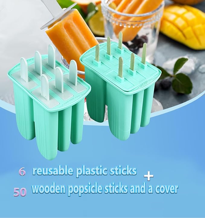 Silicone Popsicle Molds with Sticks Wpunwen 6 Cavity Ice Popsicle MoldsIce Cream Mold with Clean Brush 6 Reusable Sticks 50 Sticks 50 Bags Green