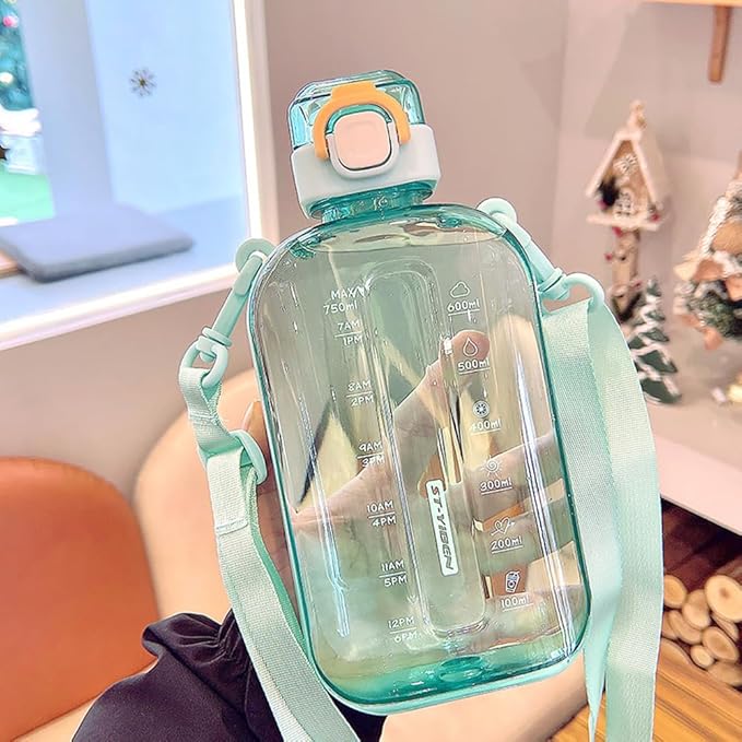 750ML Square Transparent Water Bottle, Cute Sports Water Jug with Adjustable Strap, Portable Motivational Water Bolttles for Travel, Hiking and Outdoor Workouts
