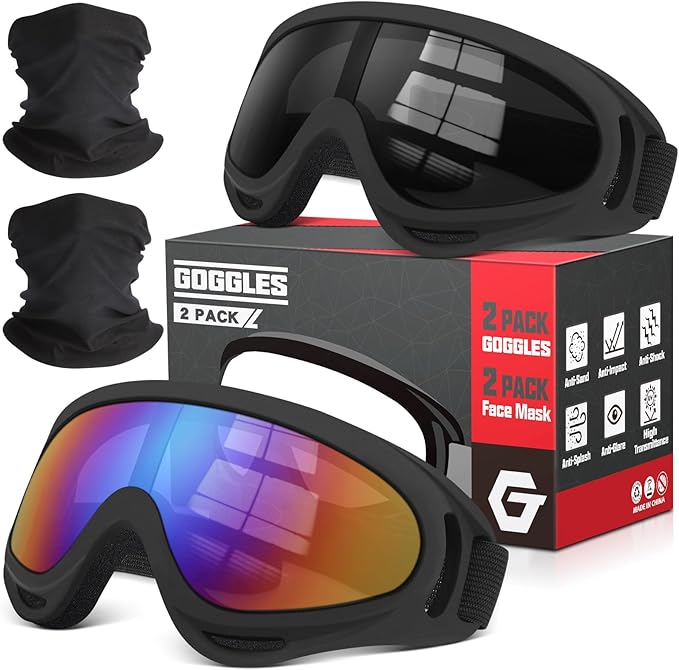 OXG 2 Pack Motorcycle Goggles with 2 Neck Gaiters, UV400 Protection Dirt Bike Motorbike Motocross ATV Skiing Goggles