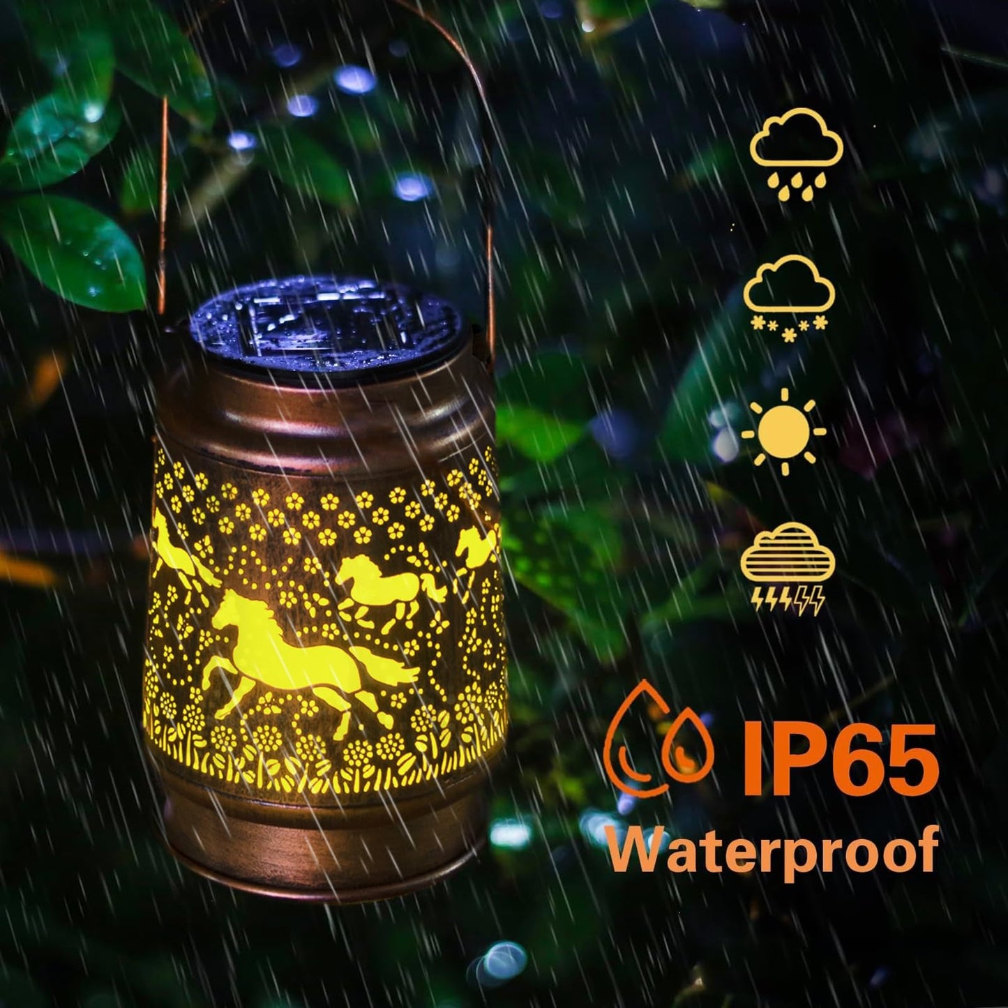 KIKUSUI Solar Lanterns for Outdoor Decor, Metal LED Lanterns, Warm White Horses, Model D7-DL12
