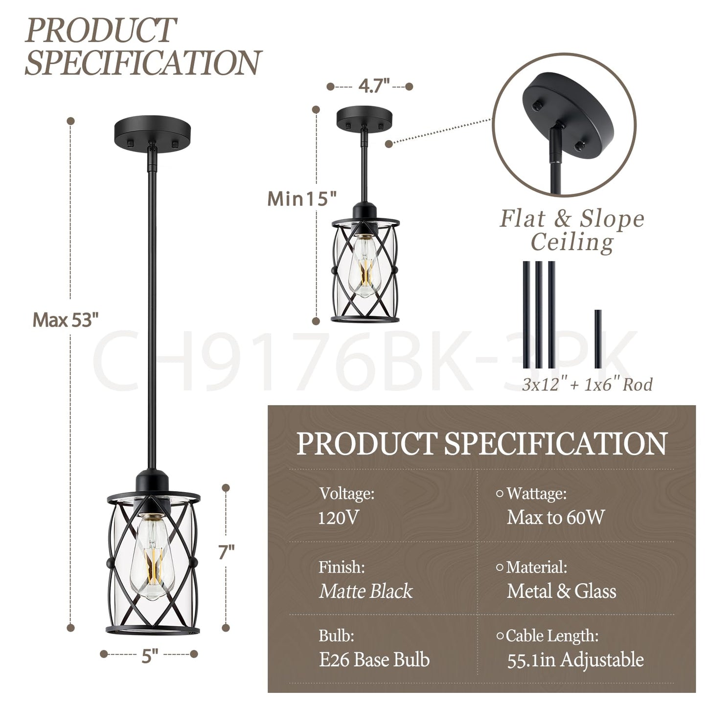 Osimir Glass Pendant Lights 3 Pack, Black, Modern Mini Hanging Light for Kitchen Island, Model CH9176BK-3PK