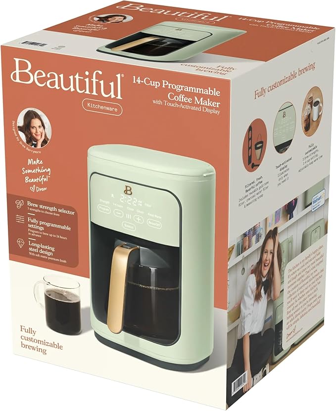 Beautiful by Drew Barrymore 14 Cup Programmable Drip Coffee Maker, Touch-Activated Display, Fast 14-Min Brew, Bold Strength, Keep Warm 4hrs (Green)
