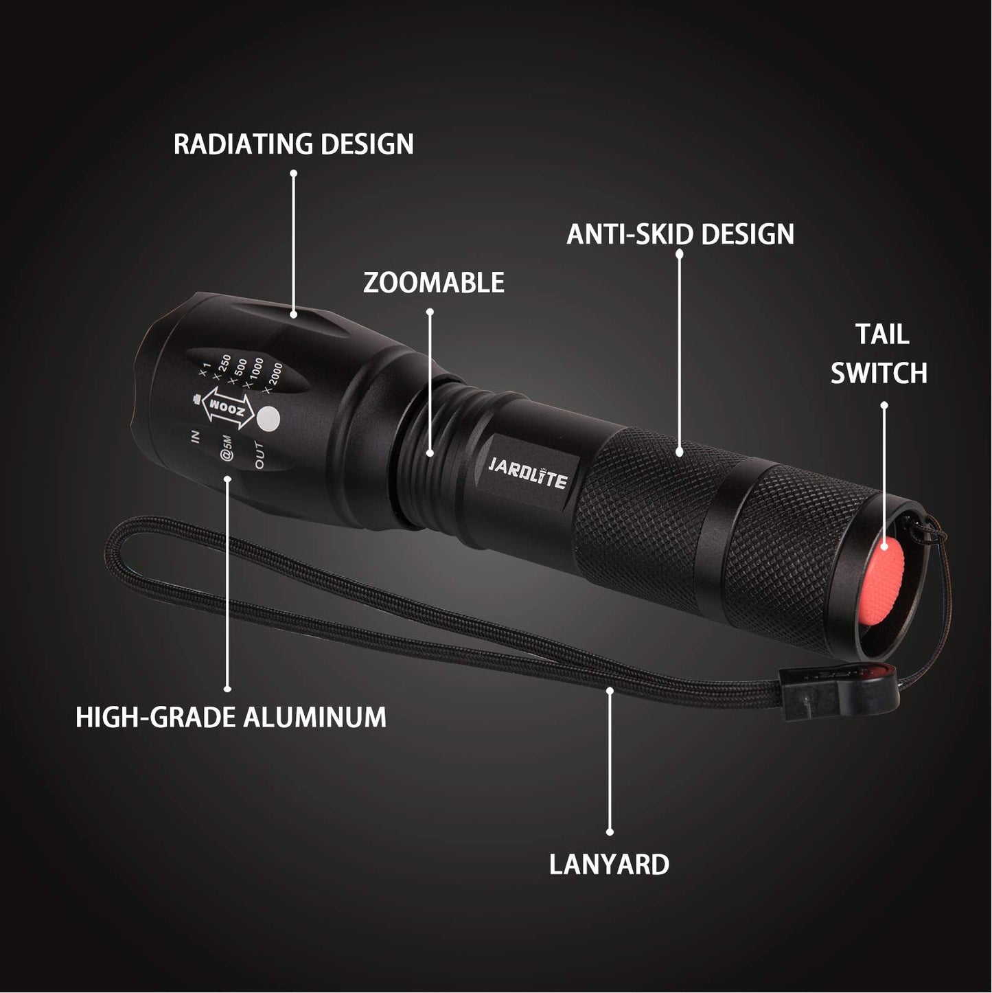 JARDLITE LED Flashlight, Adjustable Focus, Water Resistant, 5 Modes, Aluminum, 2 Pack, Model L1000