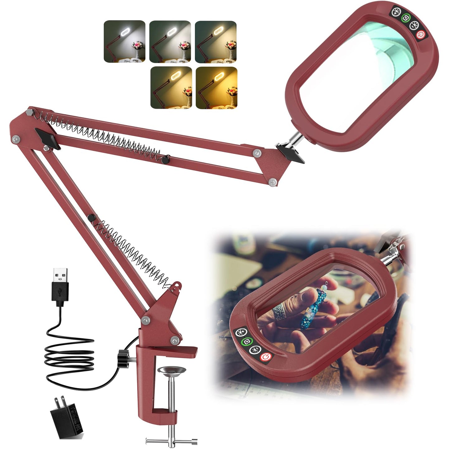 IVMAIE 10X Magnifying Glass with Light, Stepless Dimmable, LED Clamp Desk Lamp, Red, Model JZ602