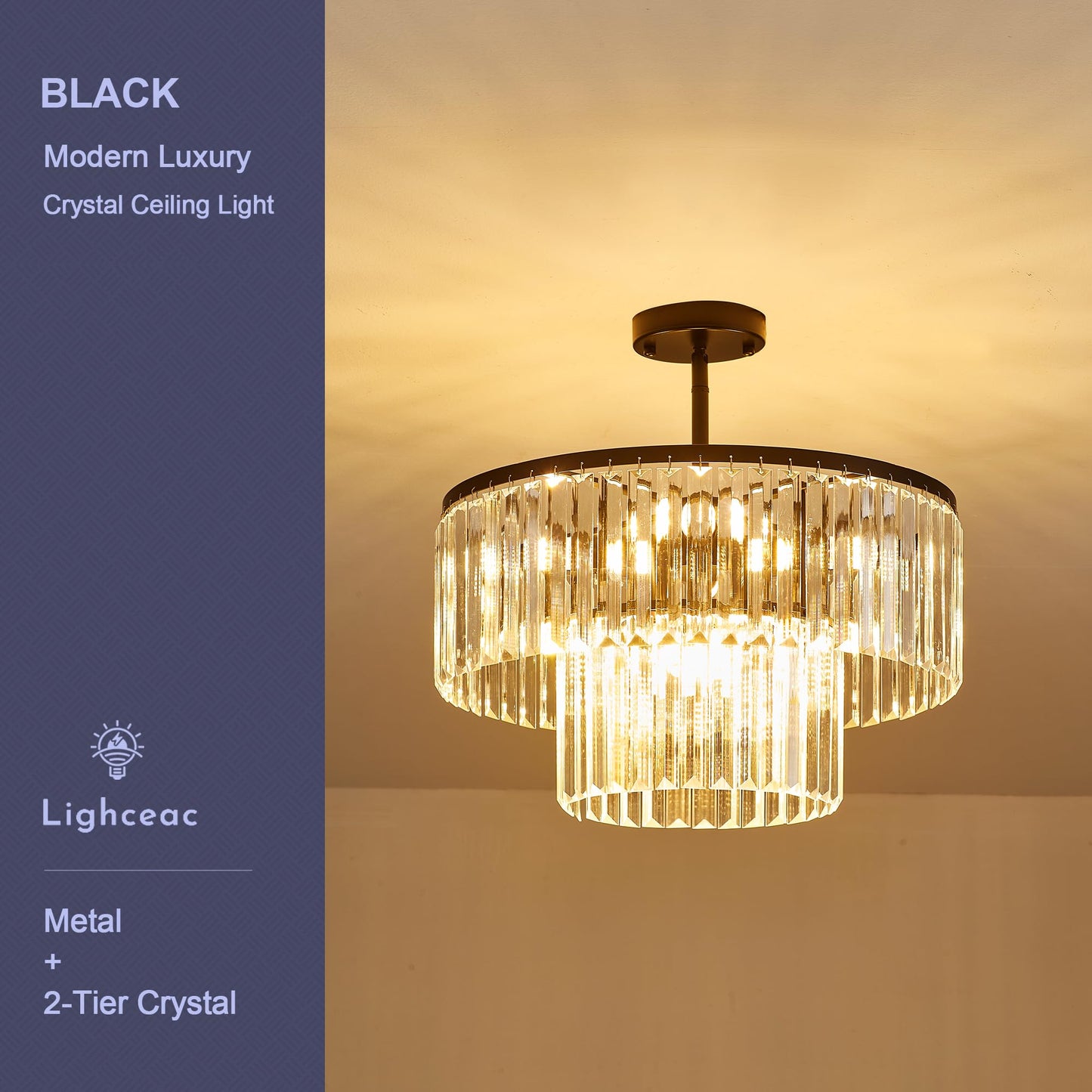 Lighceac 17.7 Black Semi Flush Mount 2-Tier Crystal Ceiling Light Fixtures For Dining Room Modern stylish 8-Light Chandeliers Lighting For Bedroom Entryway Hallway Kitchen Island Living Room Foyer