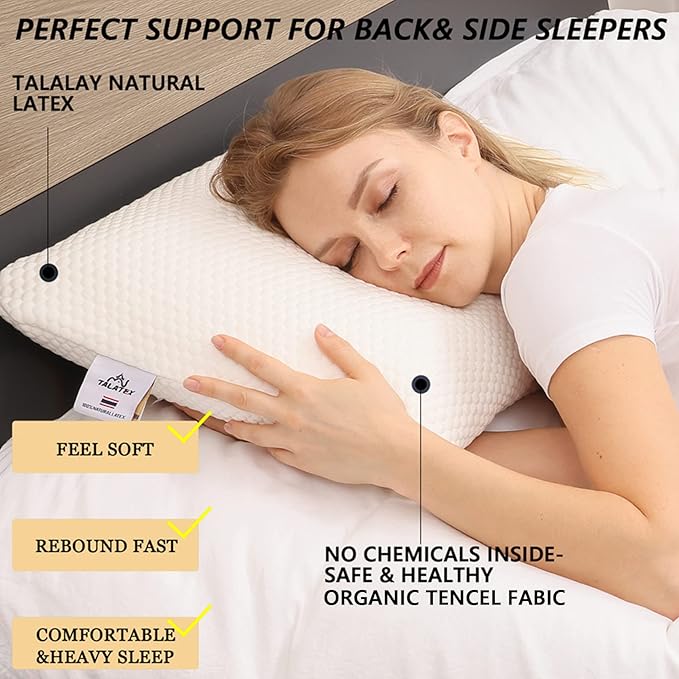Talatex Talalay 100% Natural Premium Latex Pillow, Helps Relieve Pressure, No Memory Foam Chemicals, Perfect Package Best Gift with Removable Tencel Cover (Soft, Queen (28"×16"×5.9"))