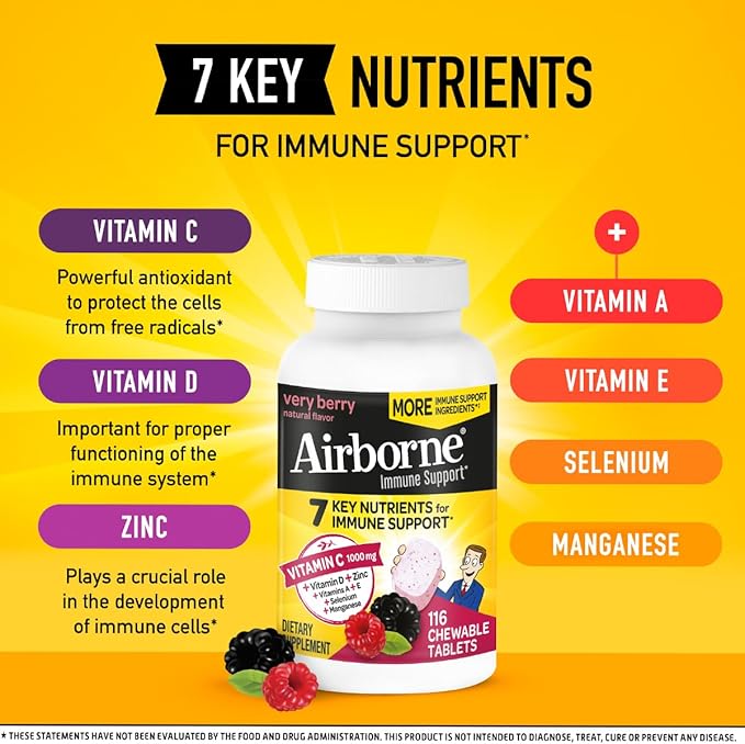 Airborne 1000mg Vitamin C + Zinc Immune Support Supplement Chewable Tablets, Very Berry Flavor with Powerful Antioxidants Vitamins A C & E, 116 Chewable Tablets (2 Pack)