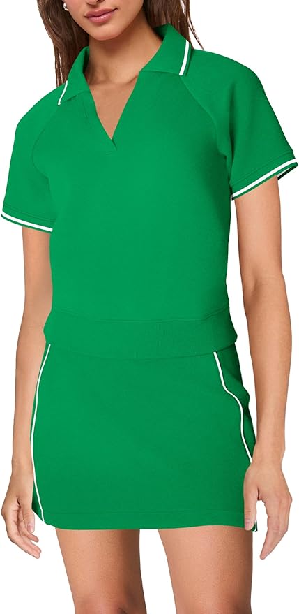 SENSERISE Womens Workout Sets 2 Piece Outfits V Neck Short Sleeve Polo Shirt and Tennis Skort Set with Pockets