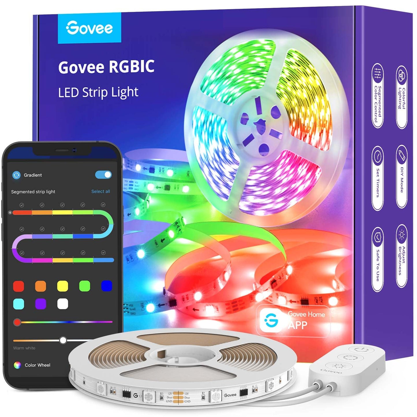 Govee Rgbic Led Strip Lights, 16.4Ft Bluetooth Color Changing, Music Sync, App Control, Plastic, Model H6125